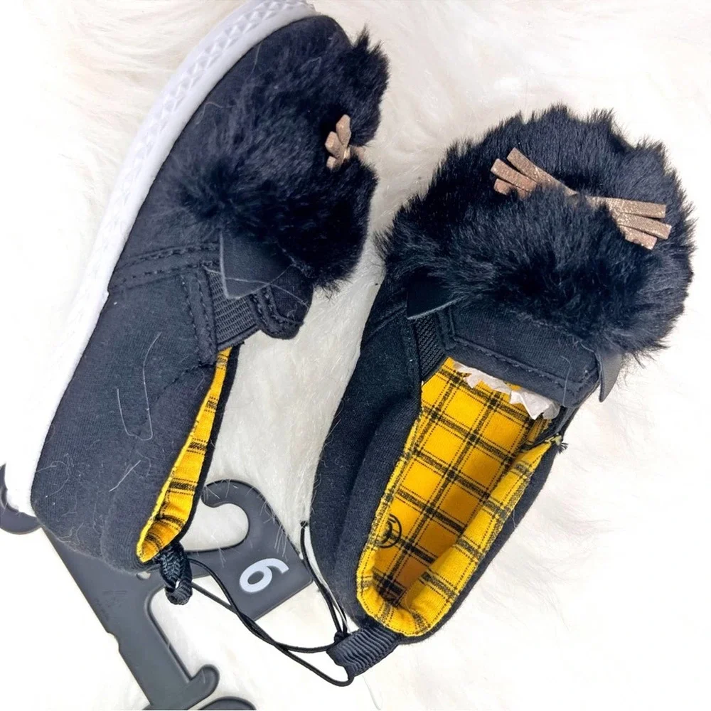 Baby Girl Wonder Nation Black Furry Slip On Kitty Cat Shoes Size 6